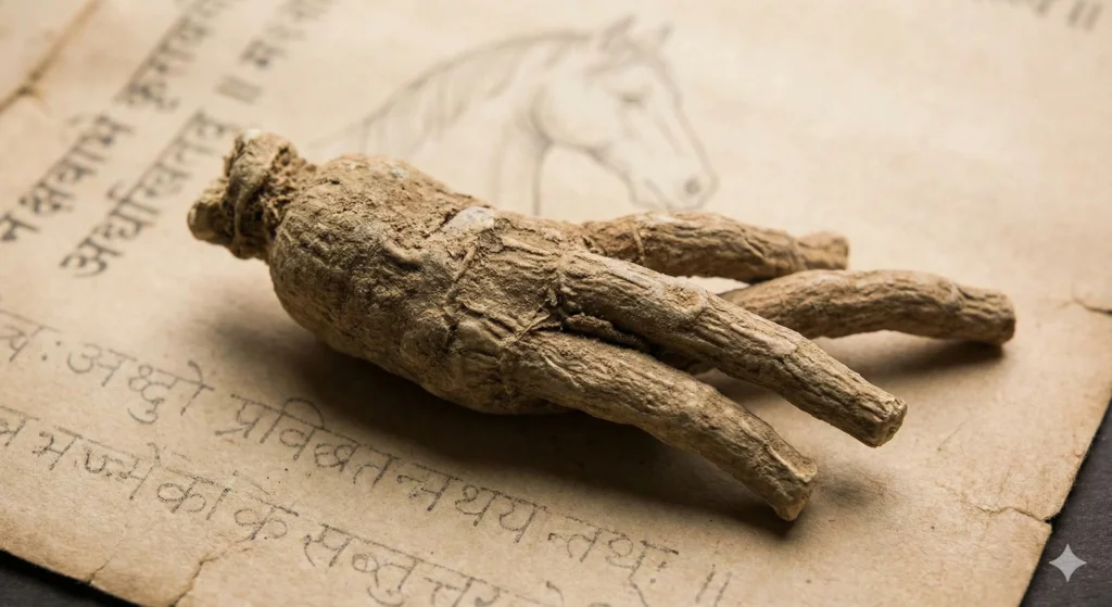 Raíz de Ashwagandha antigua sobre un pergamino con sánscrito y dibujo de caballo, ilustrando su nombre como "olor a caballo" y su uso milenario en la salud integral