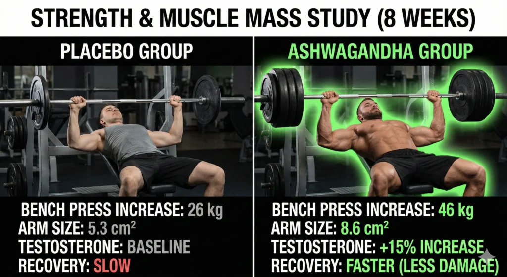 Infografía comparativa que muestra los resultados de un estudio de 8 semanas, destacando mayores ganancias de fuerza y masa muscular, y aumento de testosterona en el grupo que tomó Ashwagandha en comparación con el placebo