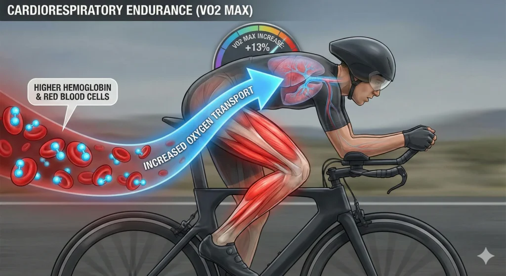 Ilustración médica de un ciclista que muestra cómo la Ashwagandha aumenta el VO2 Max y el transporte de oxígeno a los músculos mediante el aumento de la hemoglobina y los glóbulos rojos.