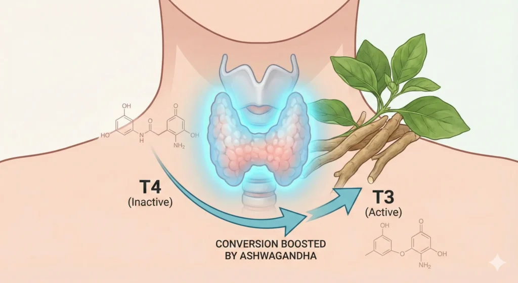 Ilustración médica de la glándula tiroides humana con Ashwagandha, mostrando la conversión de la hormona T4 inactiva a T3 activa, impulsada por la planta.