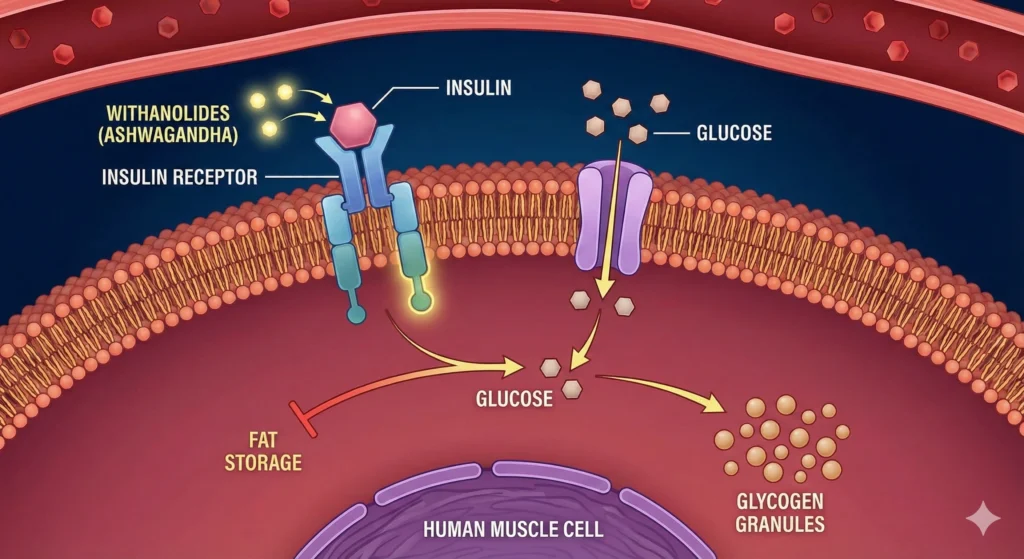 Ilustración biológica celular que muestra cómo los withanólidos de la Ashwagandha mejoran la unión de la insulina a su receptor en una célula muscular, permitiendo la entrada de glucosa y su almacenamiento como glucógeno, mientras bloquean el almacenamiento de grasa.