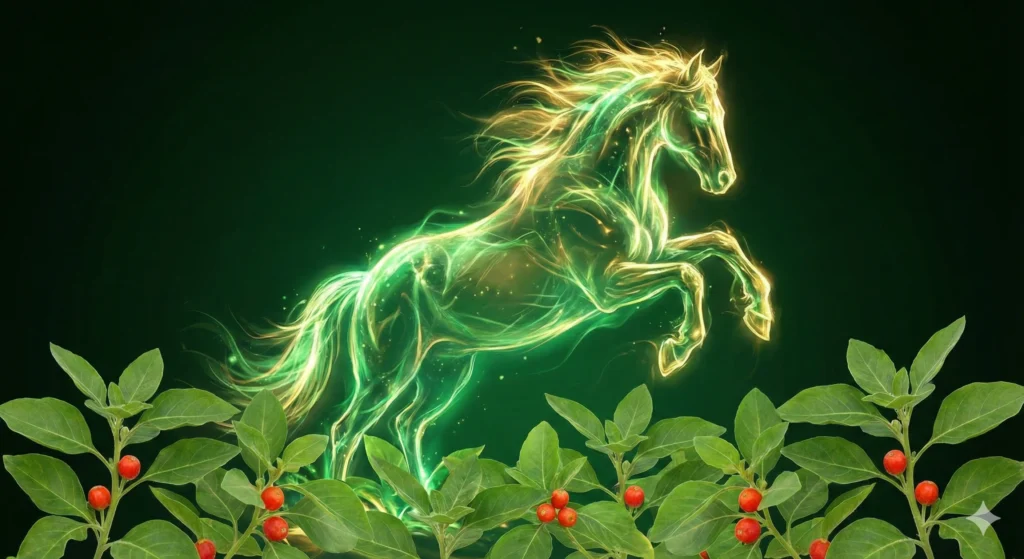 Ilustración conceptual de un caballo de energía verde emergiendo de plantas de Ashwagandha, simbolizando la fuerza y virilidad que la raíz milenaria promete otorgar