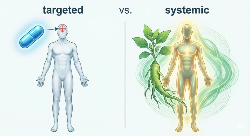 Ilustración comparativa que muestra una pastilla actuando en un punto específico del cerebro versus la raíz de Ashwagandha armonizando todo el cuerpo humano con energía, representando su acción sistémica como adaptógeno