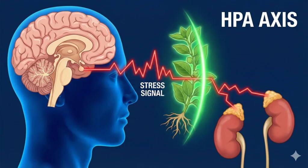Diagrama médico del eje HPA (Hipotálamo-Pituitaria-Adrenal) mostrando una señal de estrés roja siendo atenuada por una barrera verde de planta de Ashwagandha antes de llegar a las glándulas suprarrenales