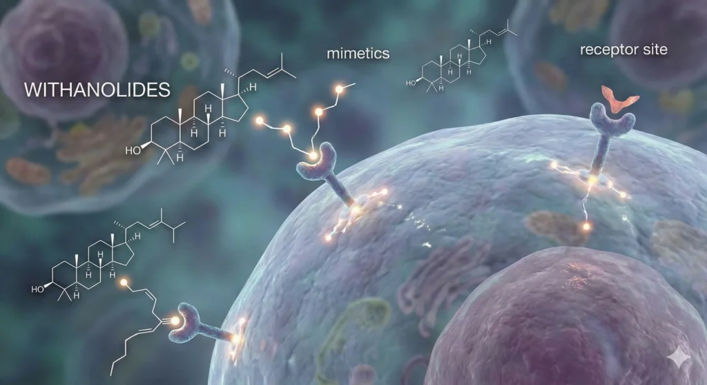 Imagen microscópica que muestra moléculas de withanólidos con su estructura química interactuando como miméticos con receptores en la superficie de una célula humana