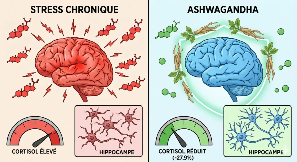 Ilustración comparativa de un cerebro bajo estrés crónico con niveles altos de cortisol y daño en el hipocampo, versus un cerebro protegido por Ashwagandha con niveles reducidos de cortisol y neuronas saludables en el hipocampo