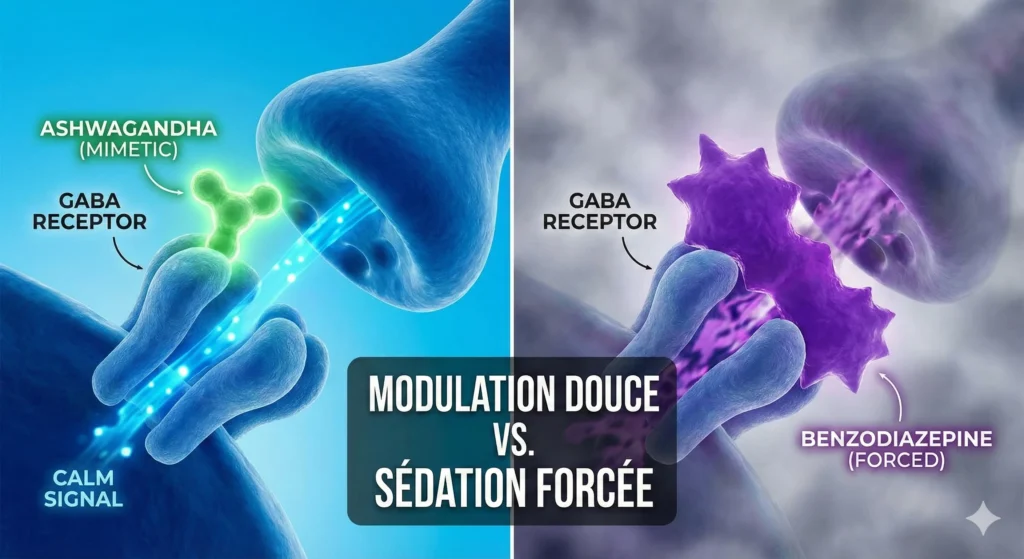 Ilustración microscópica de una sinapsis cerebral comparando la modulación suave de los receptores GABA por la Ashwagandha (señal de calma) con la sedación forzada de una benzodiacepina