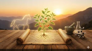 Primer plano de una raíz de Ashwagandha sobre un manuscrito antiguo con texto en sánscrito y la silueta de un caballo, ilustrando el origen milenario de la planta y su promesa de fuerza y vitalidad como adaptógeno natural