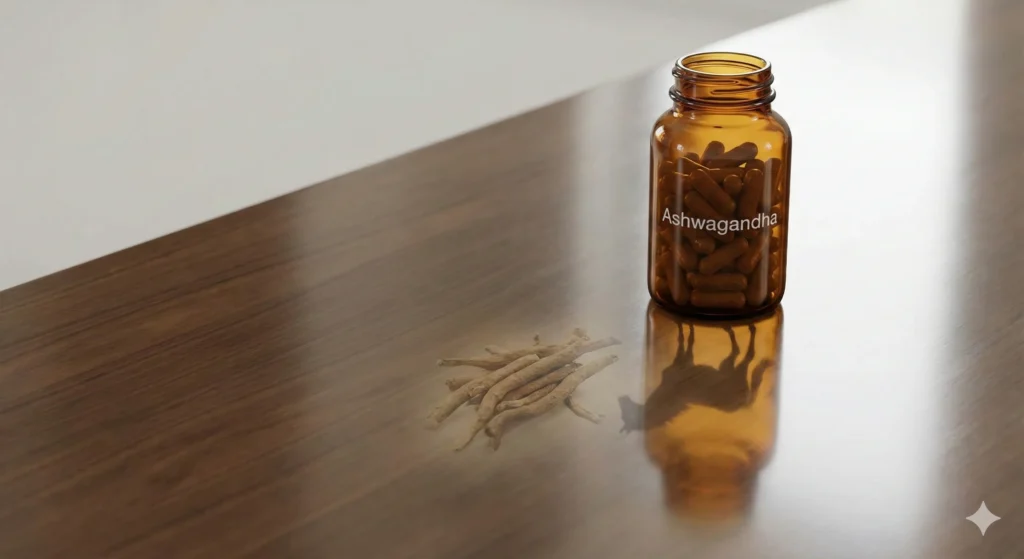Frasco moderno de suplementos de Ashwagandha sobre una mesa de madera, con el reflejo de la antigua raíz y un caballo en la superficie, fusionando la suplementación moderna con su origen milenario