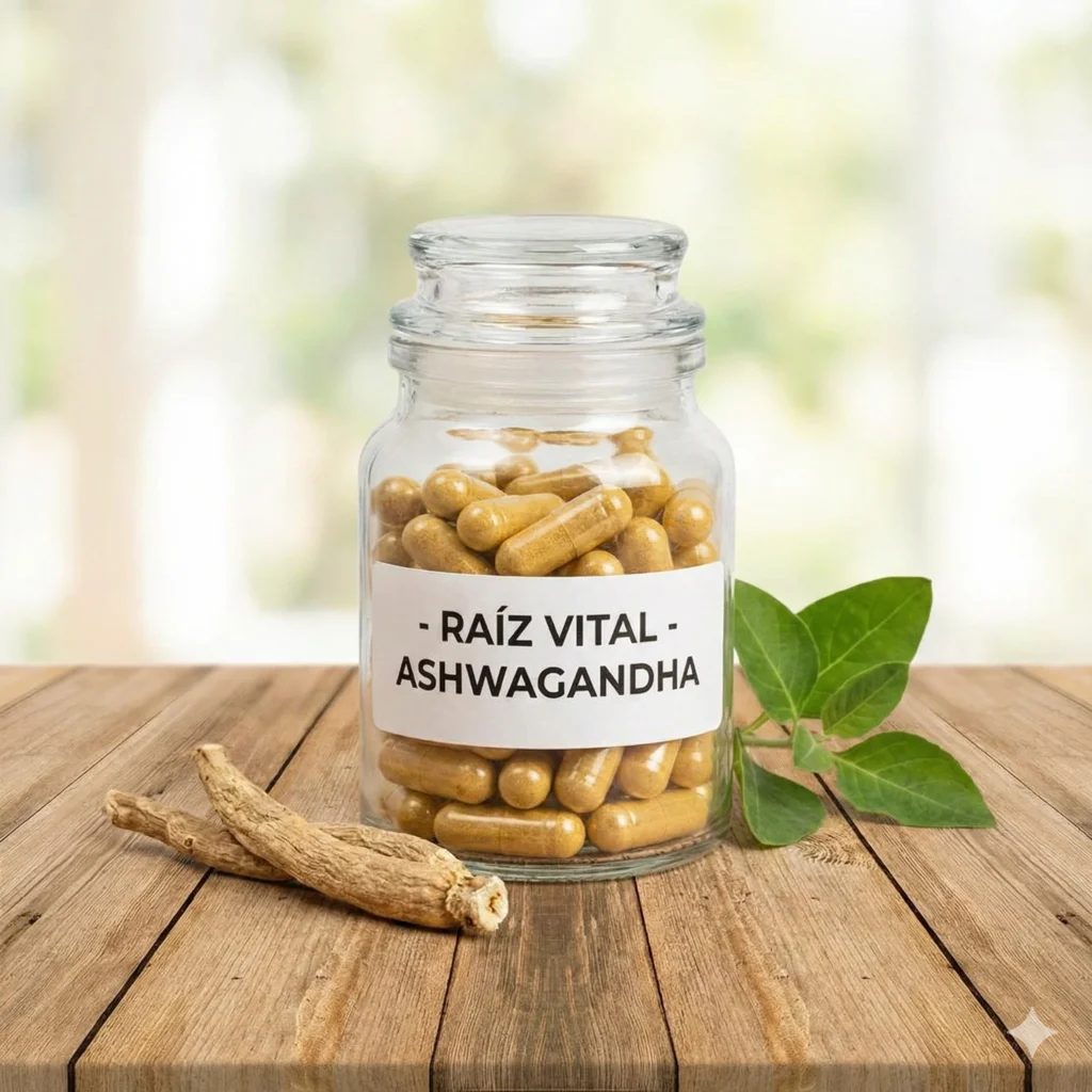 Frasco de suplemento Ashwagandha marca Raíz Vital con cápsulas doradas, acompañado de raíces secas y hojas frescas sobre una mesa de madera